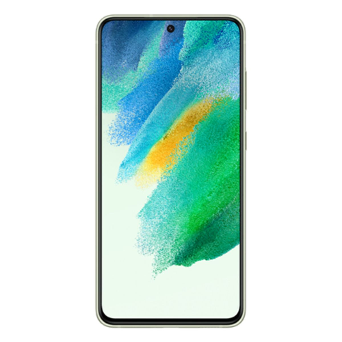 Un smartphone vert clair affichant un fond abstrait coloré sur son écran.