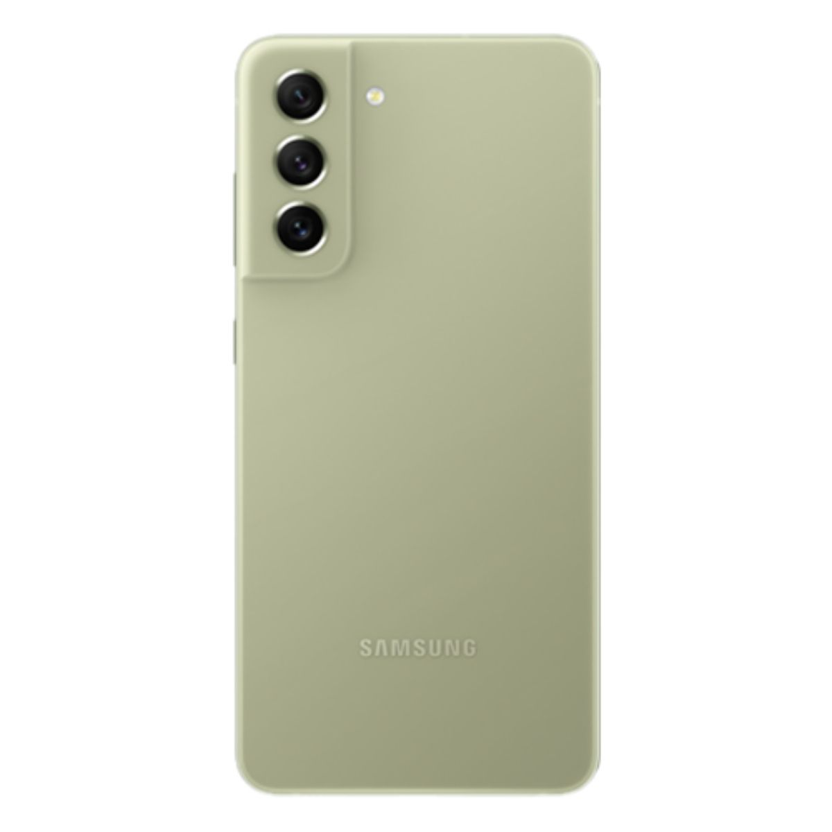 Arrière d'un smartphone Samsung vert clair avec trois caméras et logo.