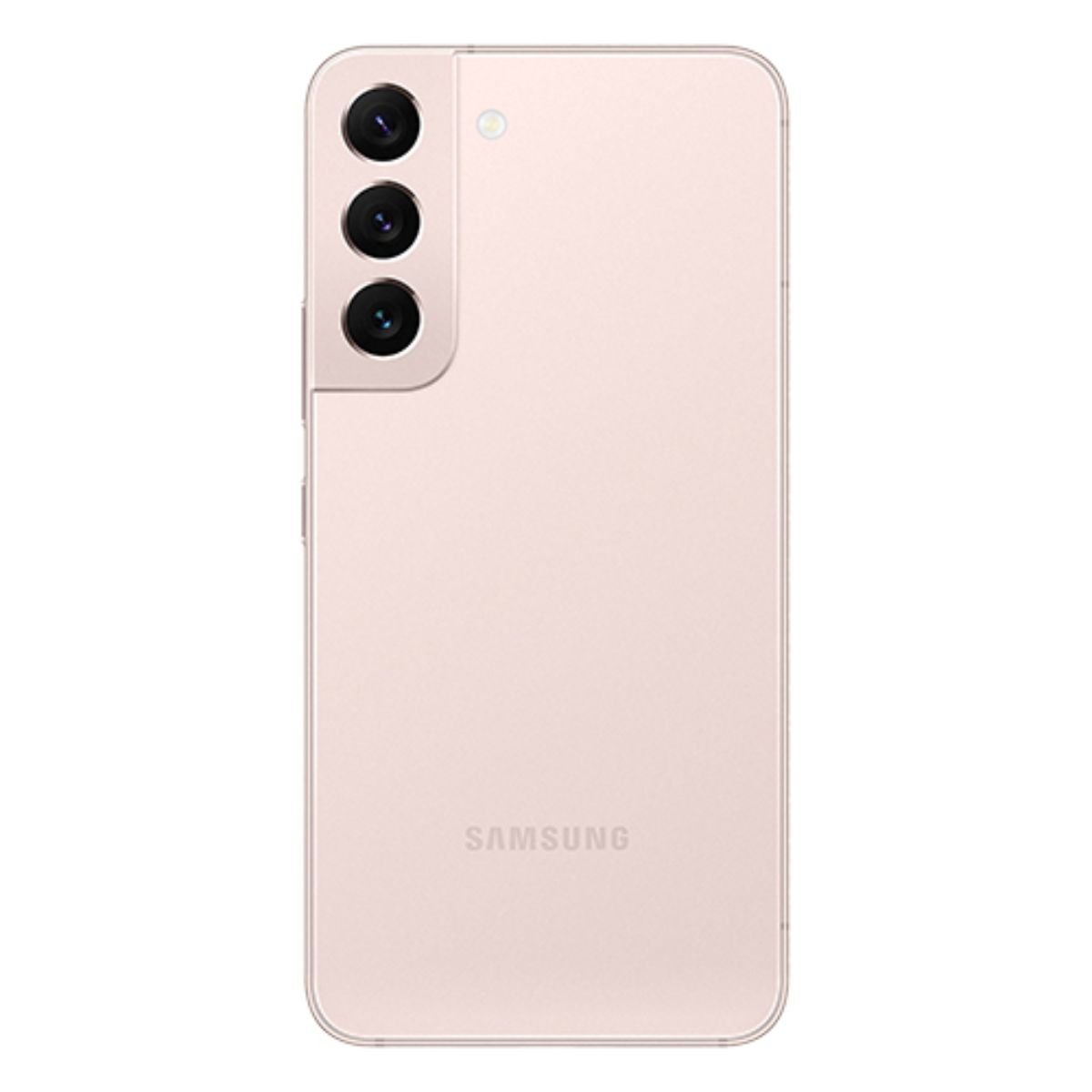 Rückseite eines rosafarbenen Samsung-Smartphones mit drei Kameralinsen und Blitz.