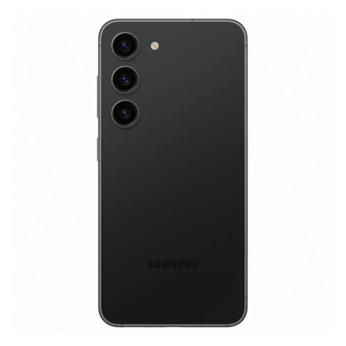 Rückseite eines schwarzen Samsung Smartphones mit drei Kameralinsen und Blitz.