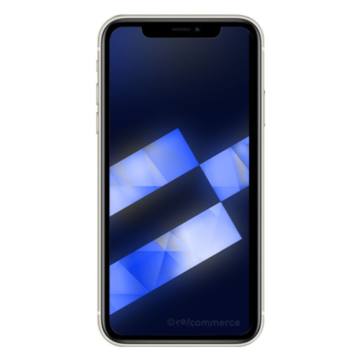 Un smartphone moderne avec un fond sombre et des formes géométriques bleues.