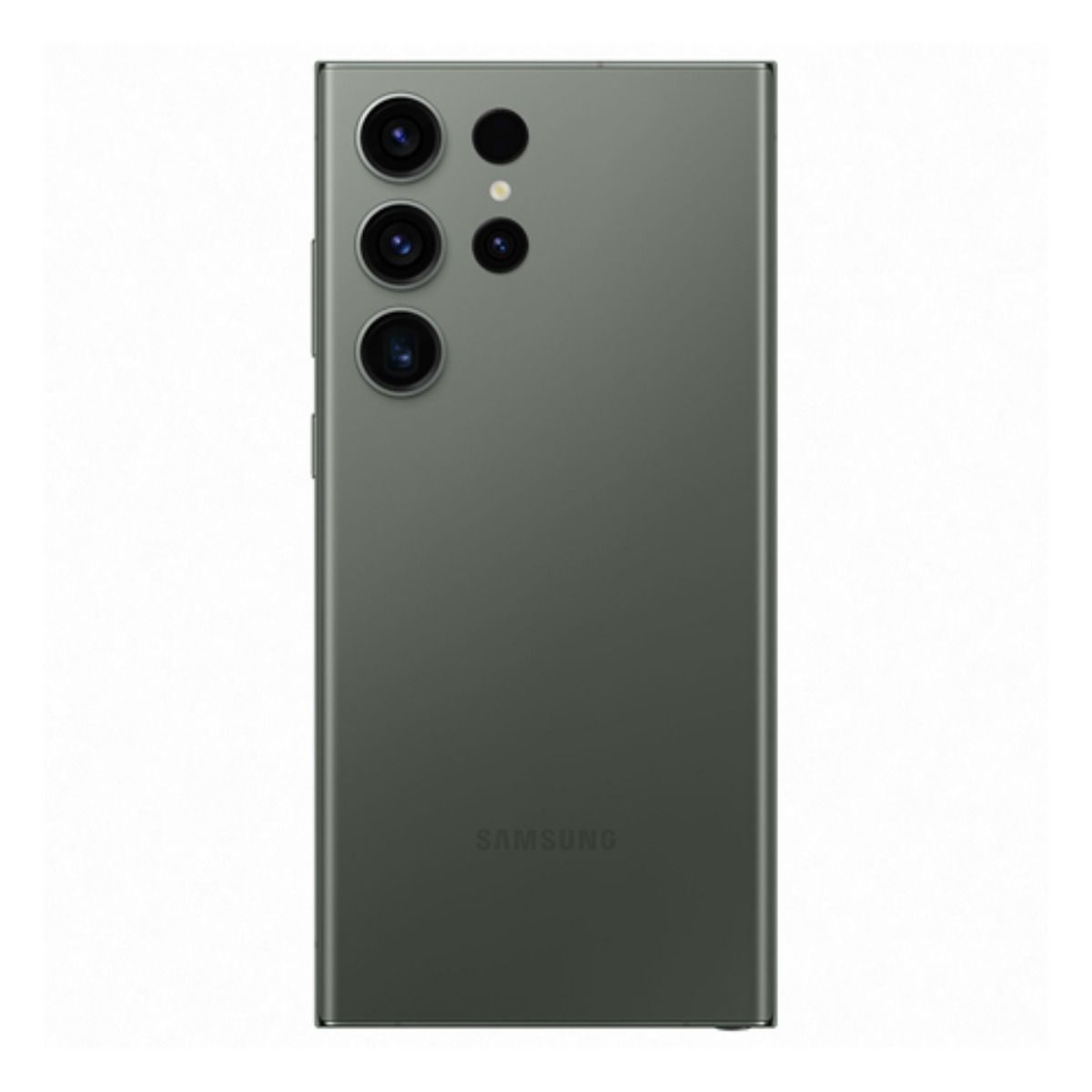 Retro di un telefono Samsung grigio scuro con obiettivi multipli e logo Samsung.