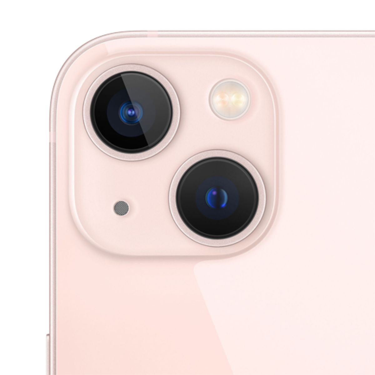 Vista posteriore di uno smartphone rosa con due fotocamere e flash.