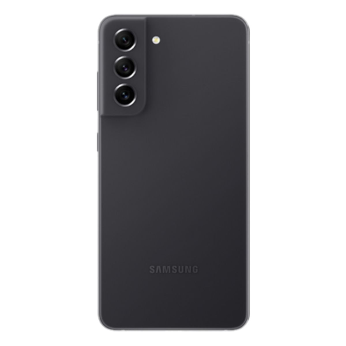 Rückseite eines dunklen Samsung Smartphones mit drei Kameras und Blitz.