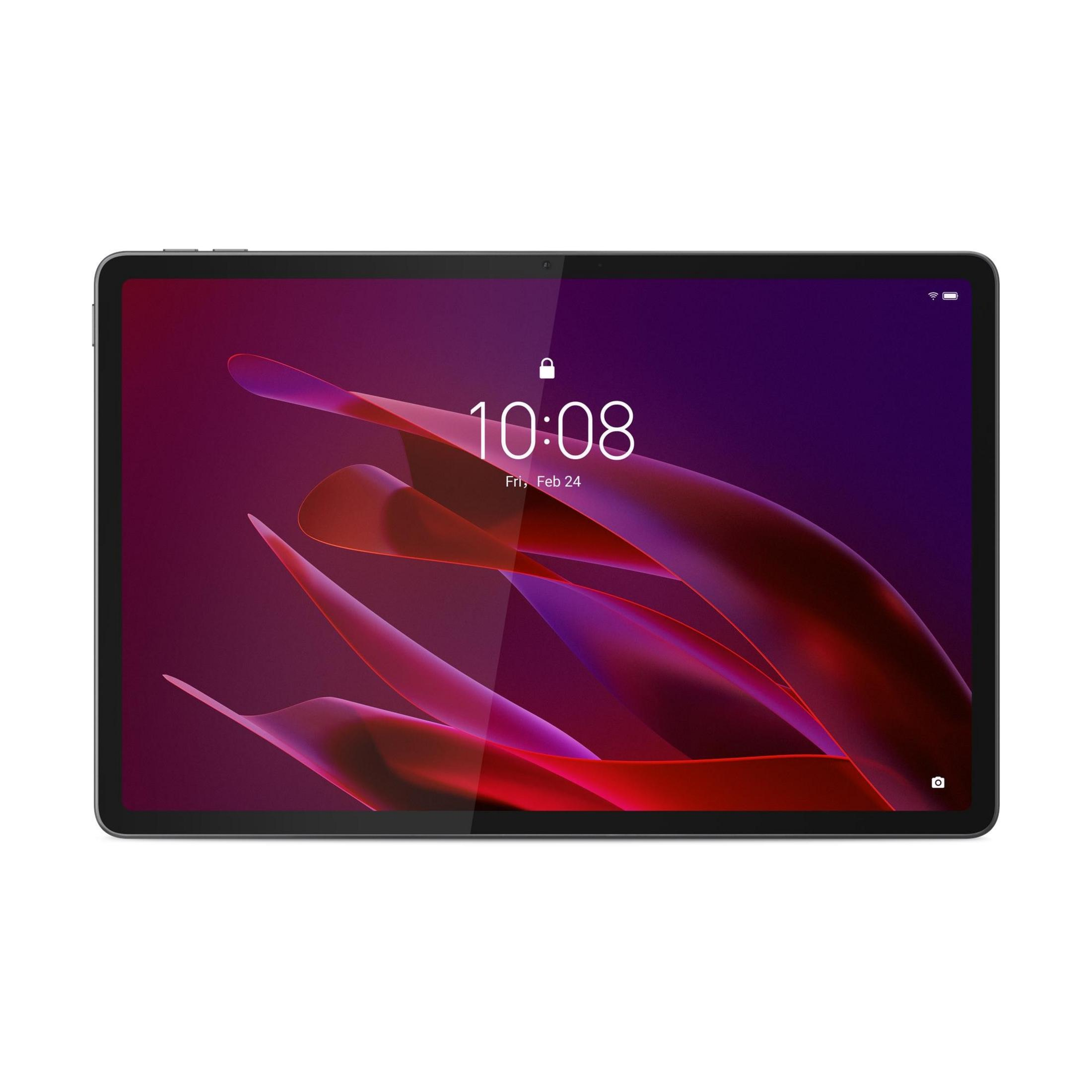 Tablet wyświetlający godzinę 10:08 na ciemnym, abstrakcyjnym tle.