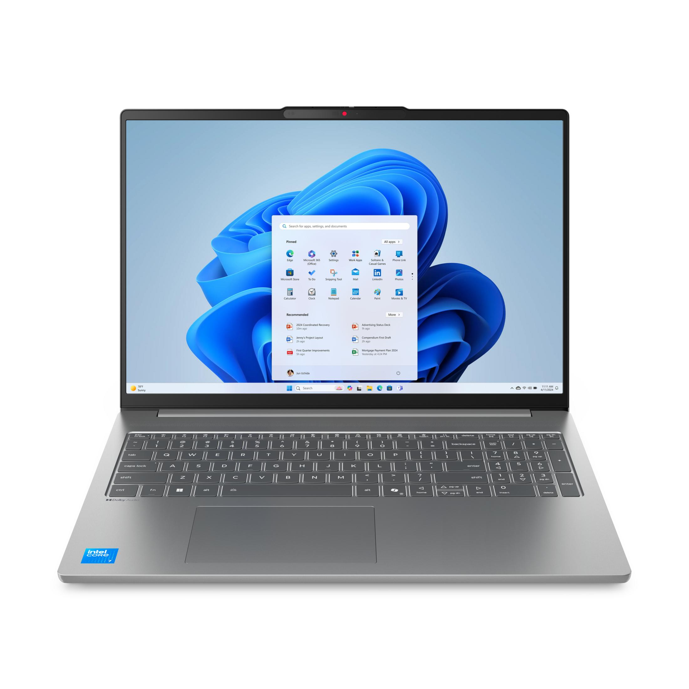 Ein silberner Laptop mit Windows 11 und einem Intel Core i7-Aufkleber.