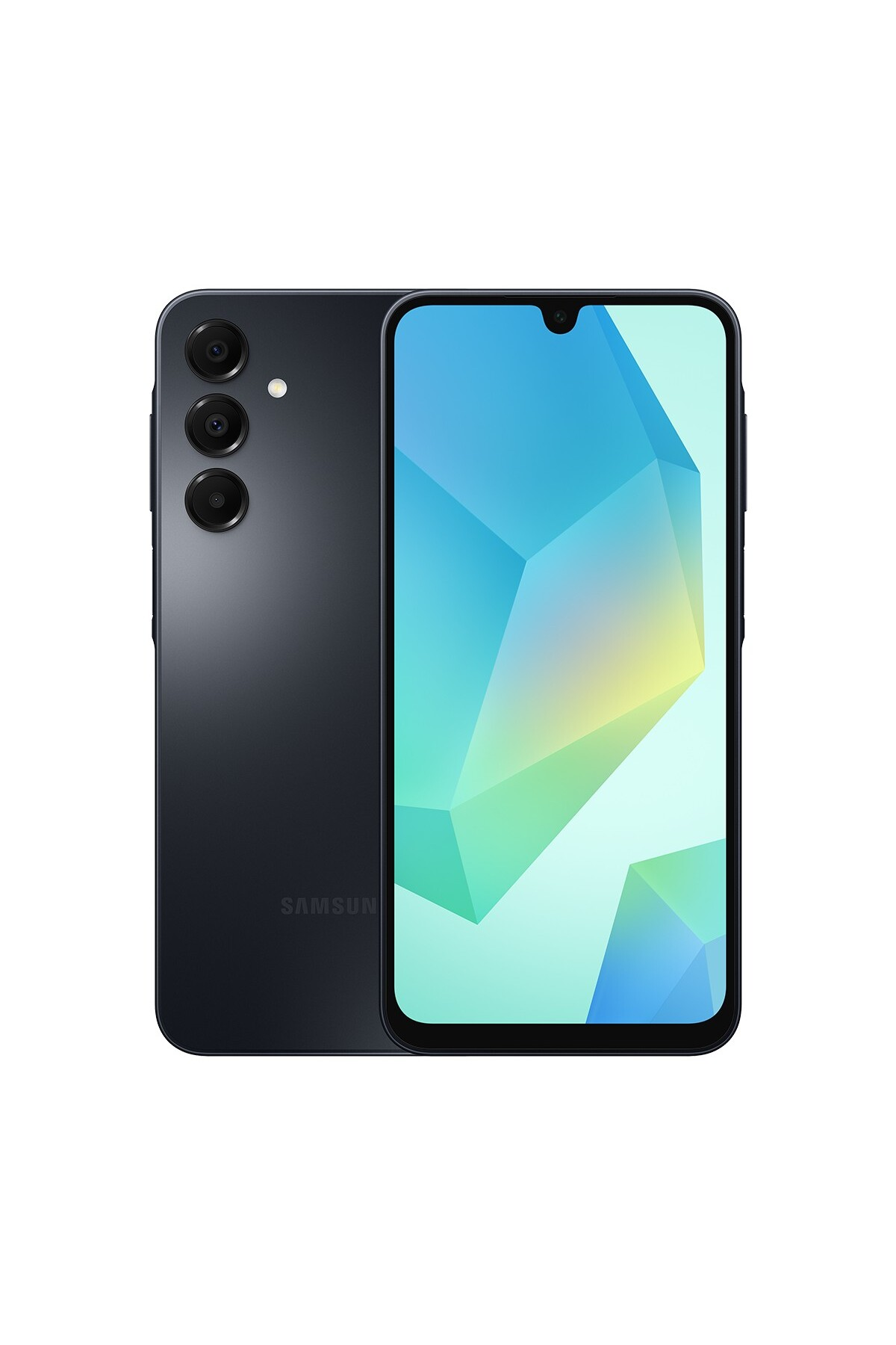 Koyu gri Samsung akıllı telefon, üç arka kamerası ve renkli ekranı var.