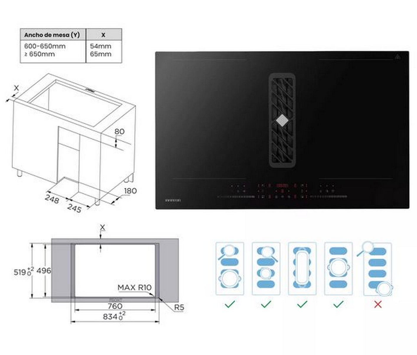 Dibujo técnico de una placa de inducción con ventilación integrada y medidas.