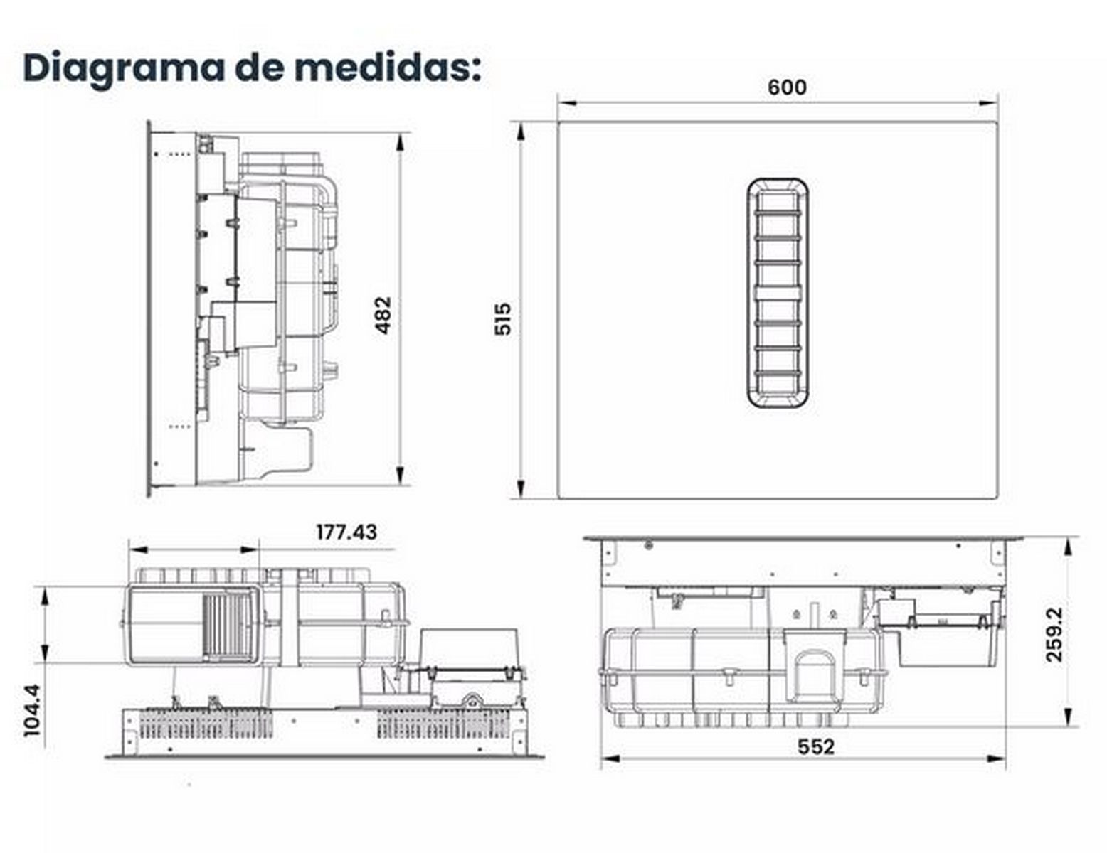Dibujo técnico de un dispositivo con dimensiones en varias vistas.