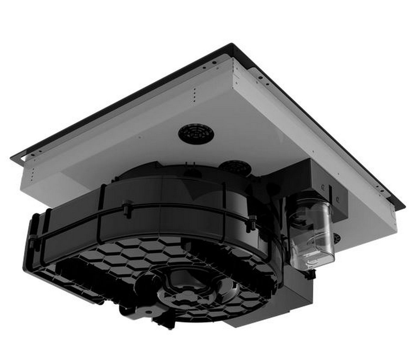 Parte inferior de una campana extractora, con ventilador negro y contenedor de vidrio.