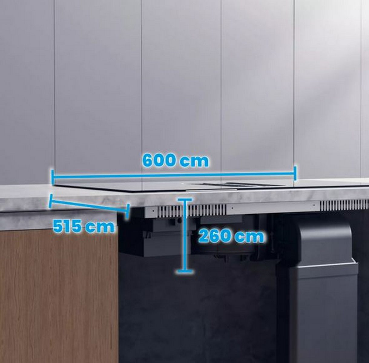 Dimensiones cocina: 600 cm ancho, 515 cm profundo, 260 cm alto.
