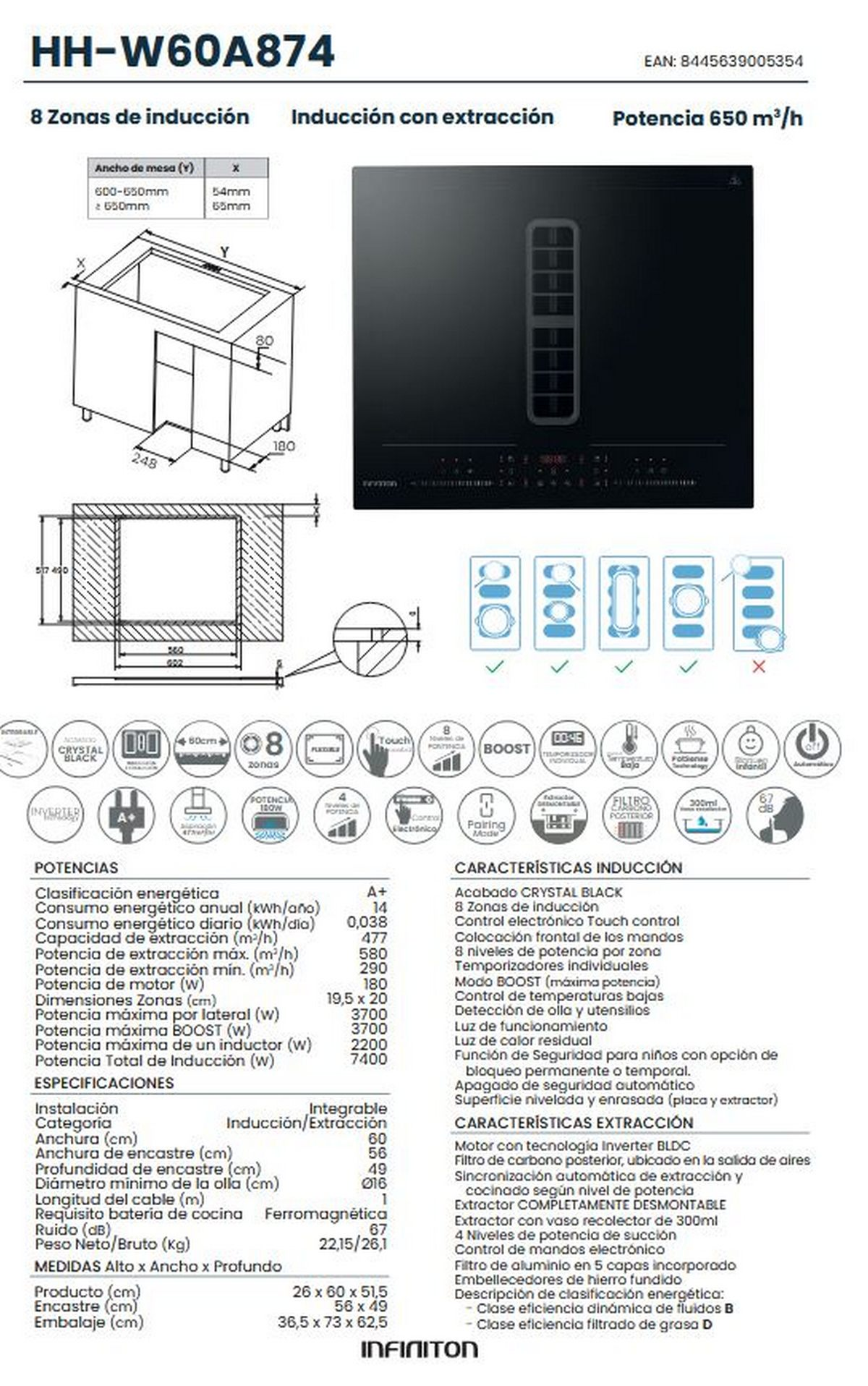 Dibujo técnico de una placa de inducción negra con extractor integrado.