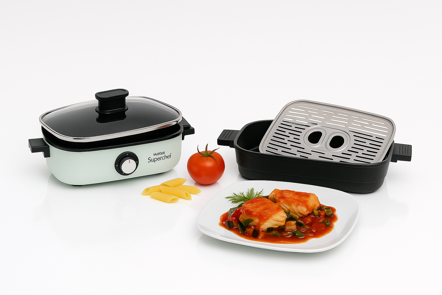 Una olla, un plato con pescado y verduras, tomate y pasta.