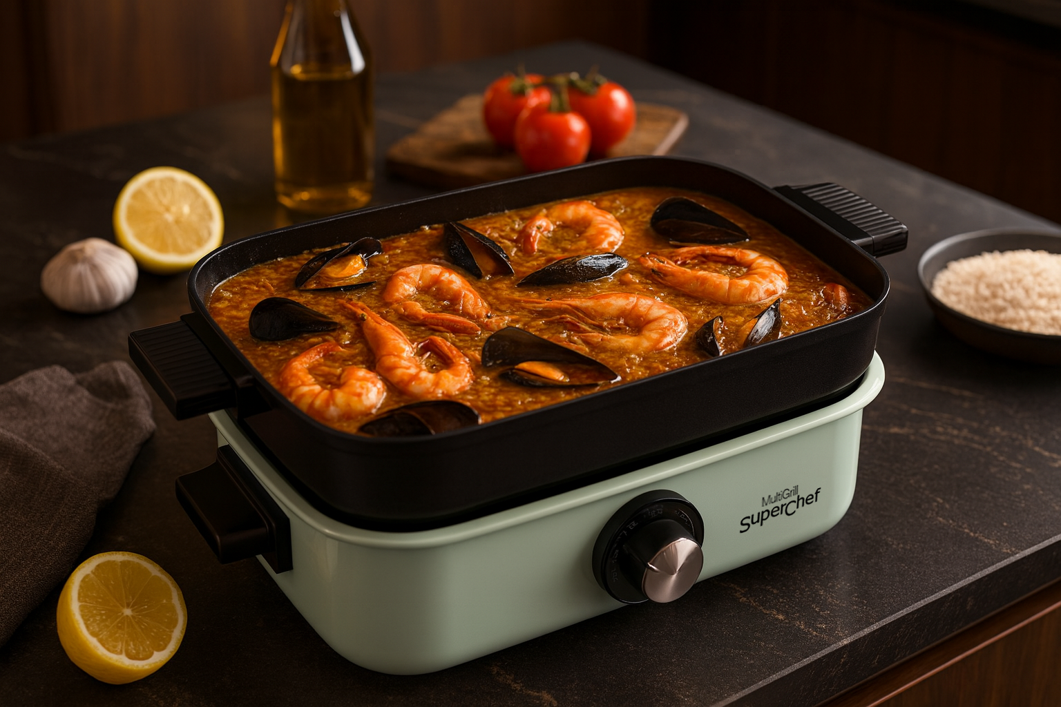 Paella con camarones y mejillones en una olla, con limones y ajo cerca.