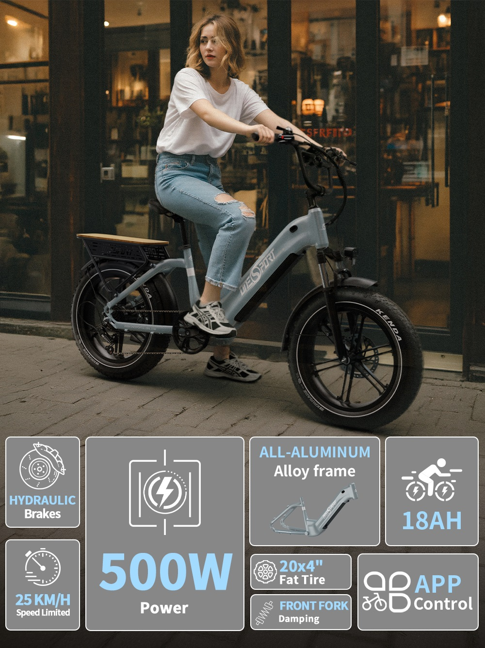Una mujer monta una e-bike azul claro de llantas anchas frente a una tienda.