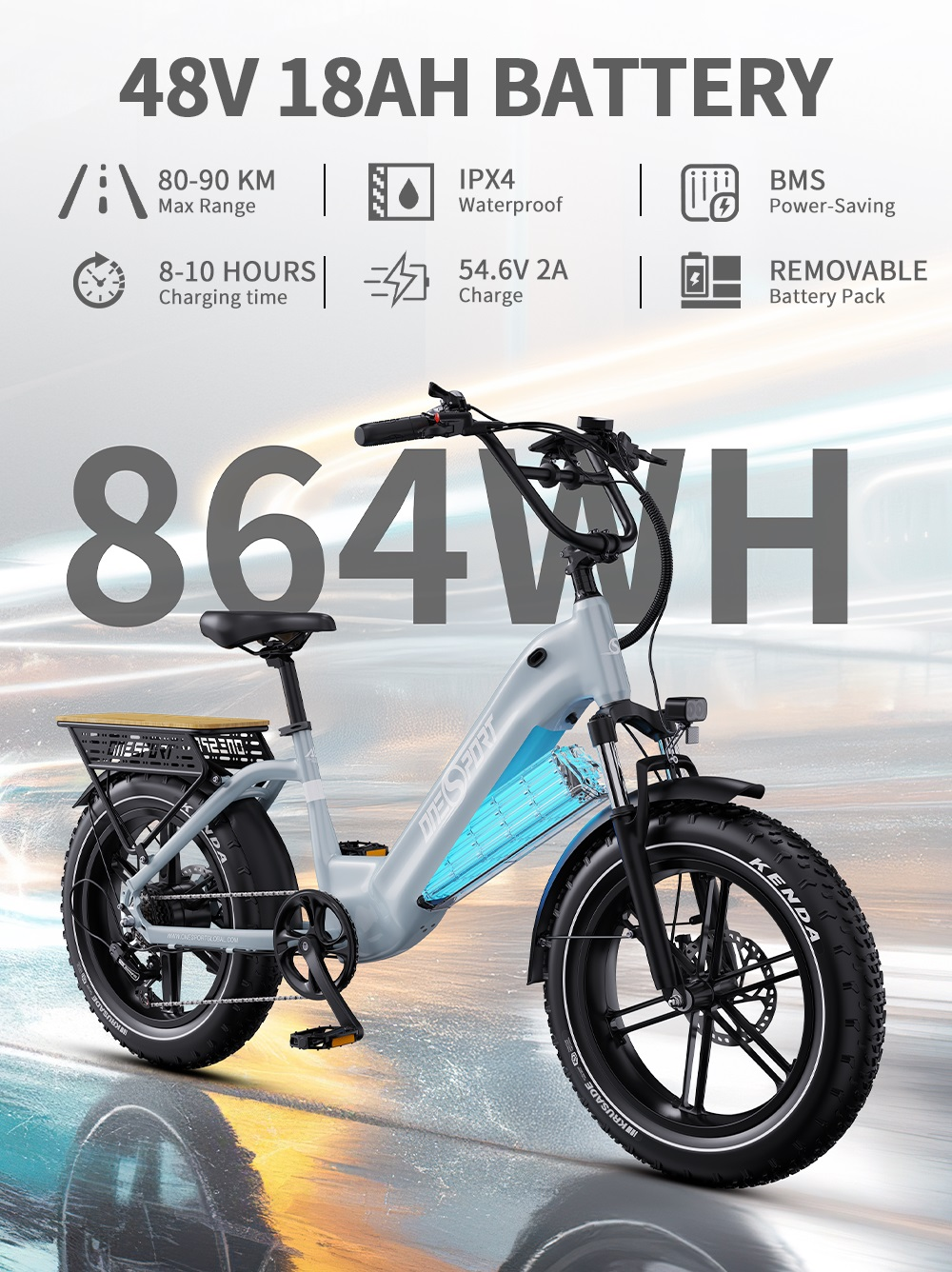 Una e-bike gris claro con neumáticos anchos y una batería azul visible.