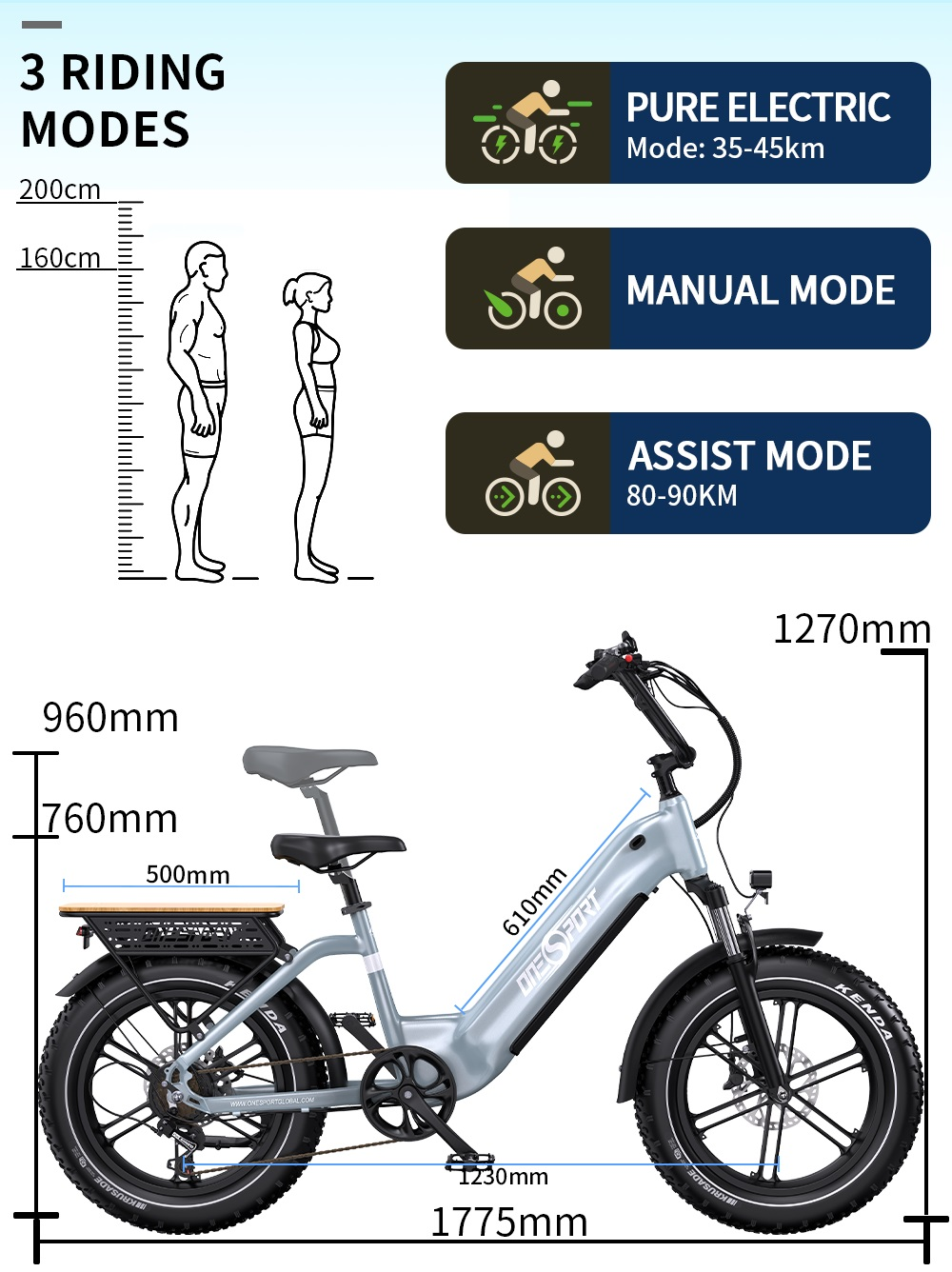 Bicicleta eléctrica con dimensiones, mostrando tres modos de conducción: Eléctrico, Manual, Asistido.