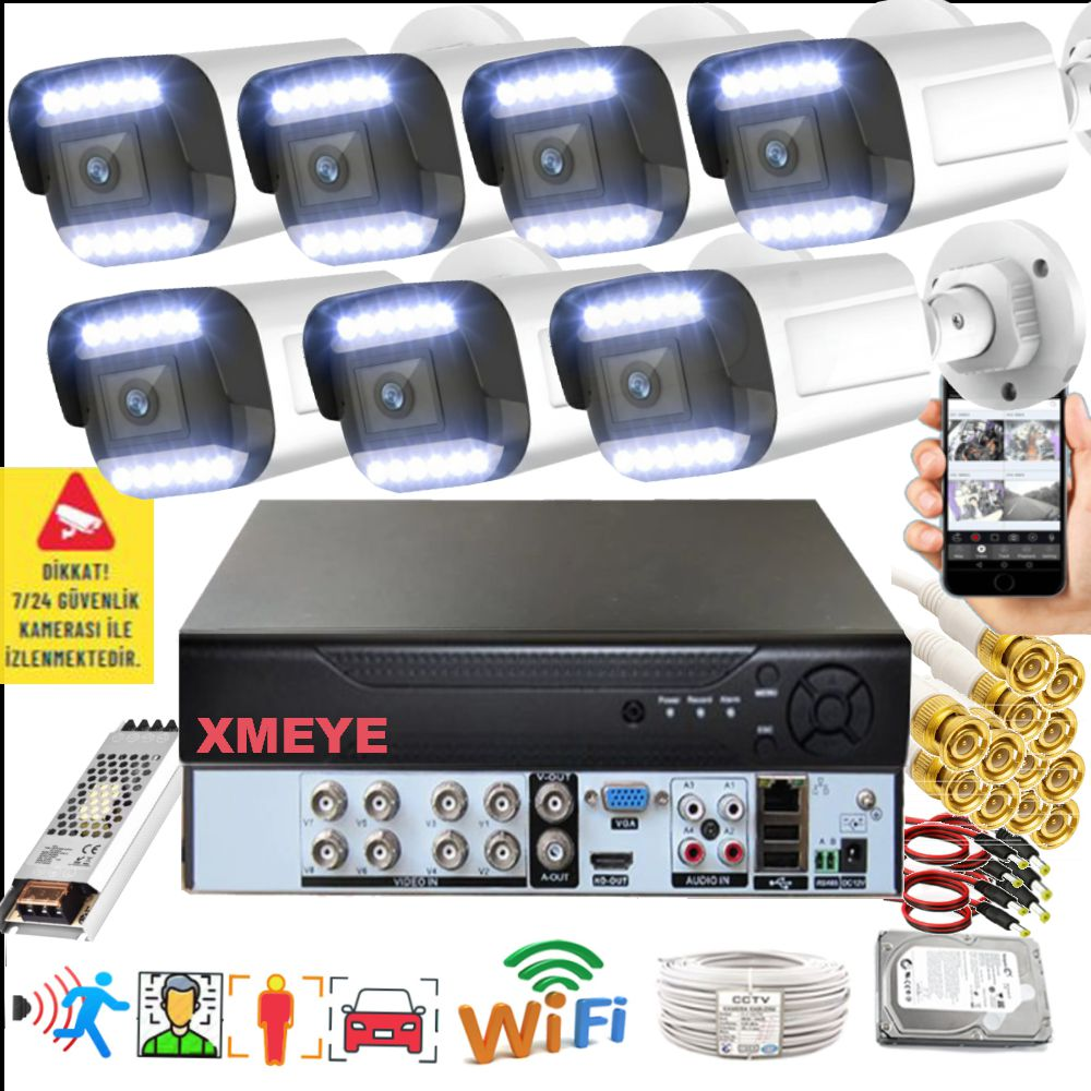 BISES 7'li Araç İnsan Yüz Tanımalı Hareket Algılayan 5 MP Lens 12 Warm Led Gece Renkli 3312W Güvenlik Kamerası Seti Beyaz