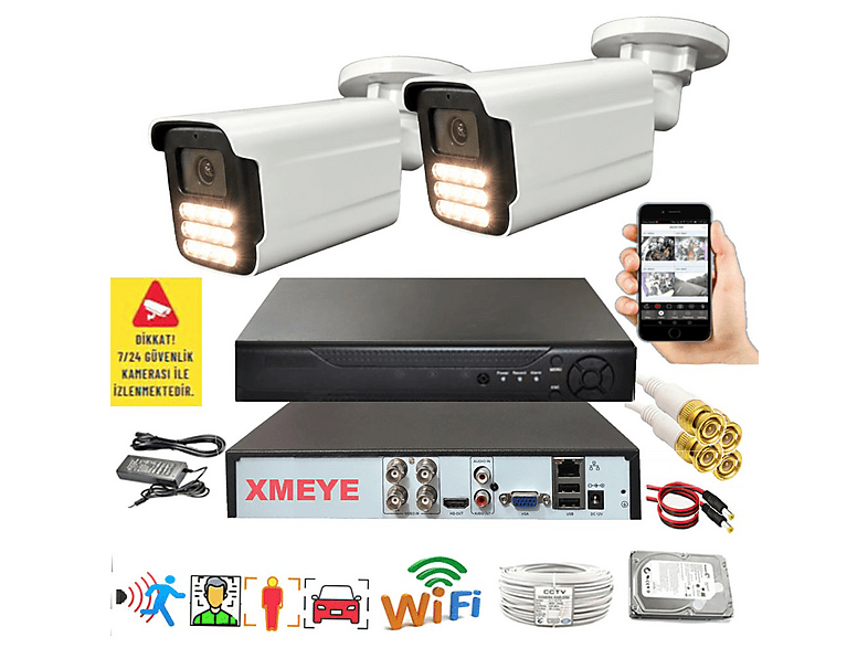 BISES 2'li Araç İnsan Yüz Tanımalı Hareket Algılayan 5 MP Lens 15 Warm Led Gece Renkli 5915W Güvenlik Kamerası Seti Beyaz