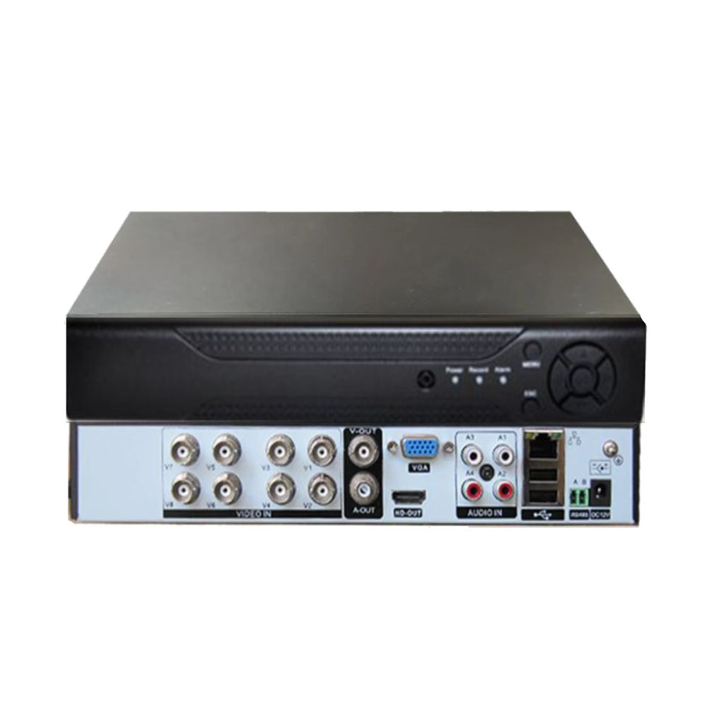 Video, ses ve güç bağlantılarına sahip siyah DVR'nin arkası.
