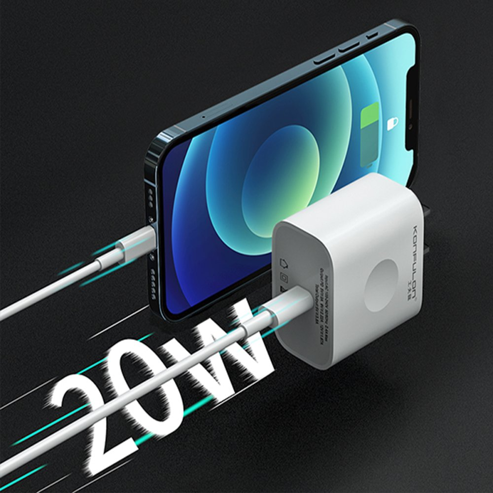 Beyaz bir arj aleti 20W ile bir akıllı telefonu arj ediyor.