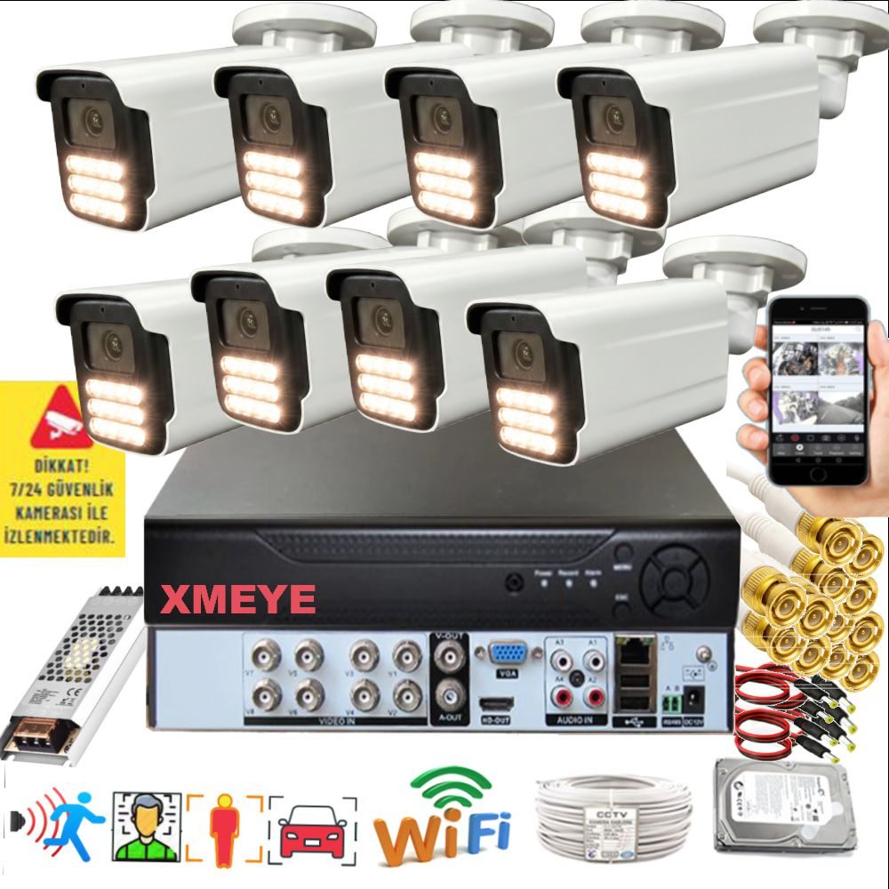 BISES 8'li Araç İnsan Yüz Tanımalı Hareket Algılayan 5 MP Lens 15 Warm Led Gece Renkli 5915W Güvenlik Kamerası Seti Beyaz