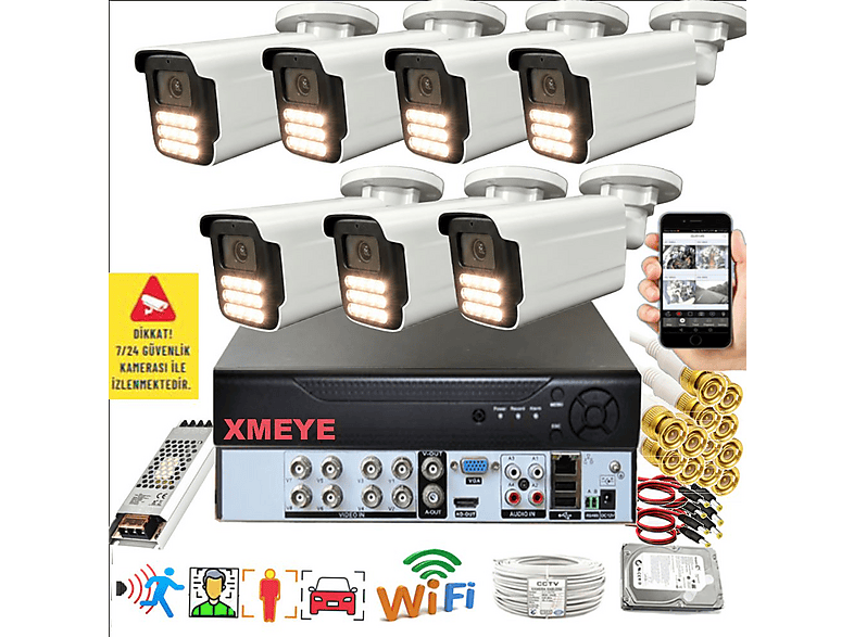 BISES 7'li Araç İnsan Yüz Tanımalı Hareket Algılayan 5 MP Lens 15 Warm Led Gece Renkli 5915W Güvenlik Kamerası Seti Beyaz