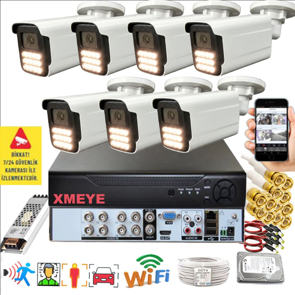 BISES 7'li Araç İnsan Yüz Tanımalı Hareket Algılayan 5 MP Lens 15 Warm Led Gece Renkli 5915W Güvenlik Kamerası Seti Beyaz