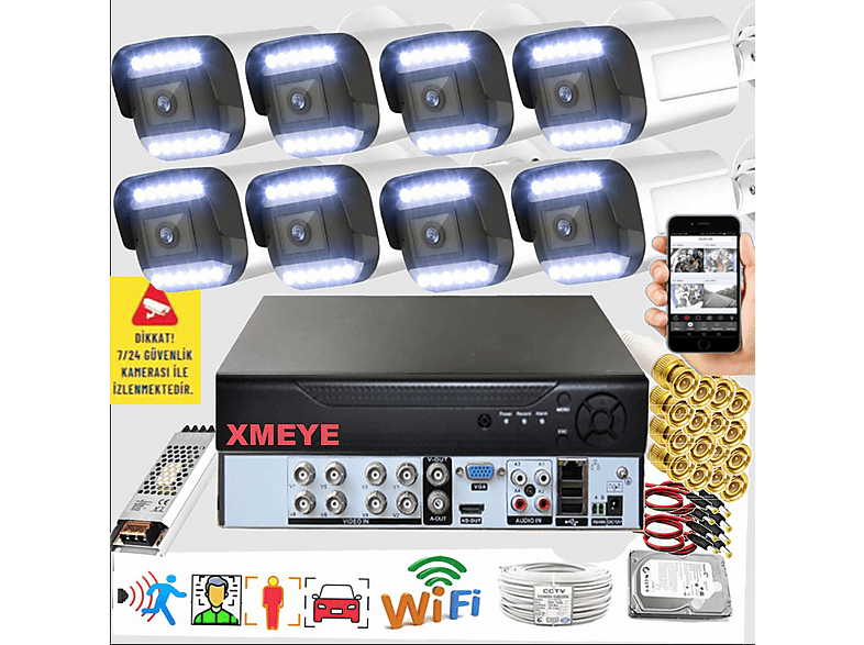 BISES 8'li Araç İnsan Yüz Tanımalı Hareket Algılayan 5 MP Lens 12 Warm Led Gece Renkli 3312W Güvenlik Kamerası Seti Beyaz