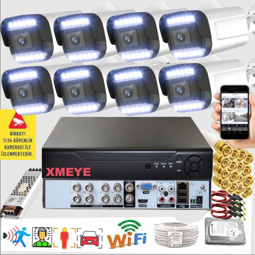 BISES 8'li Araç İnsan Yüz Tanımalı Hareket Algılayan 5 MP Lens 12 Warm Led Gece Renkli 3312W Güvenlik Kamerası Seti Beyaz