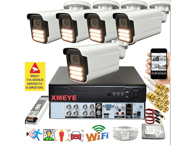 BISES 5'li Araç İnsan Yüz Tanımalı Hareket Algılayan 5 MP Lens 15 Warm Led Gece Renkli 5915W Güvenlik Kamerası Seti Beyaz