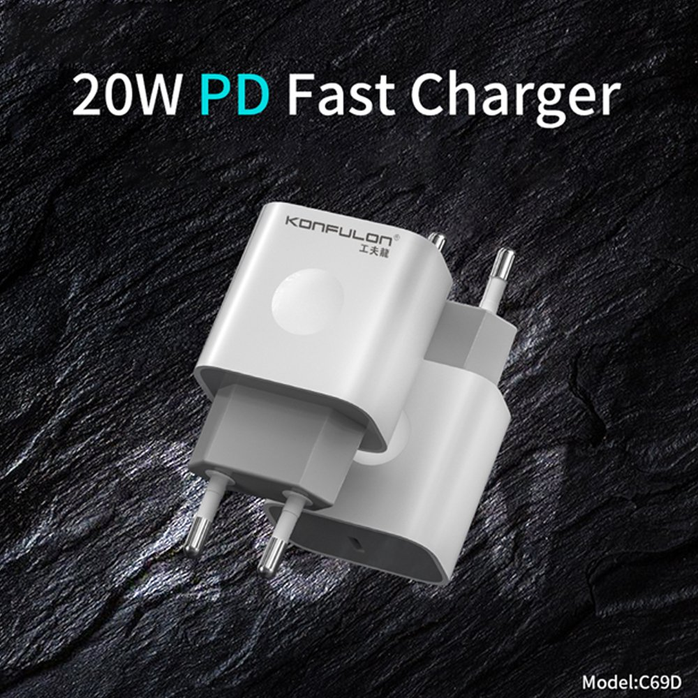 Koyu arka plan üzerinde USB-C portlu iki beyaz Konfulon şarj cihazı.