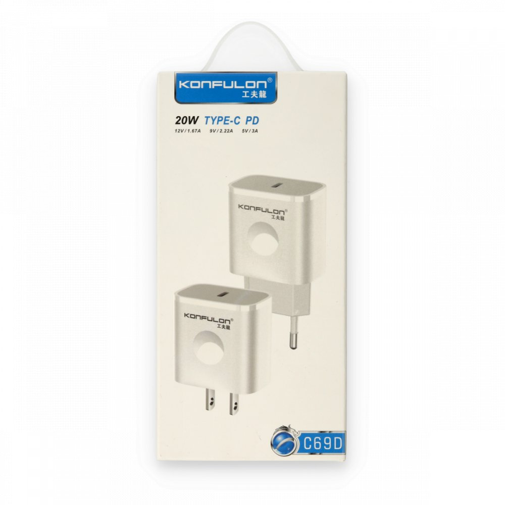 AB fişli gümüş renkli USB-C şarj cihazı içeren ambalaj.