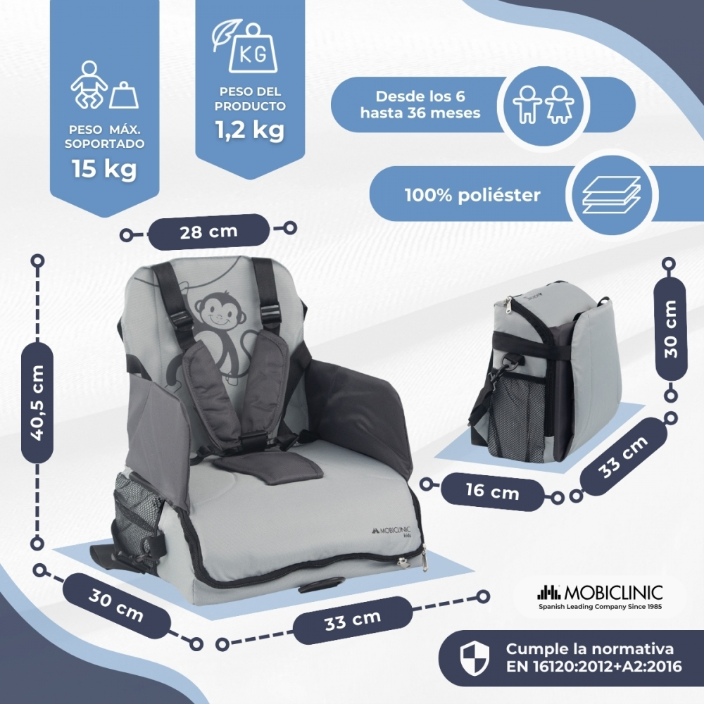 Asiento infantil gris con estampado de mono, medidas y detalles.