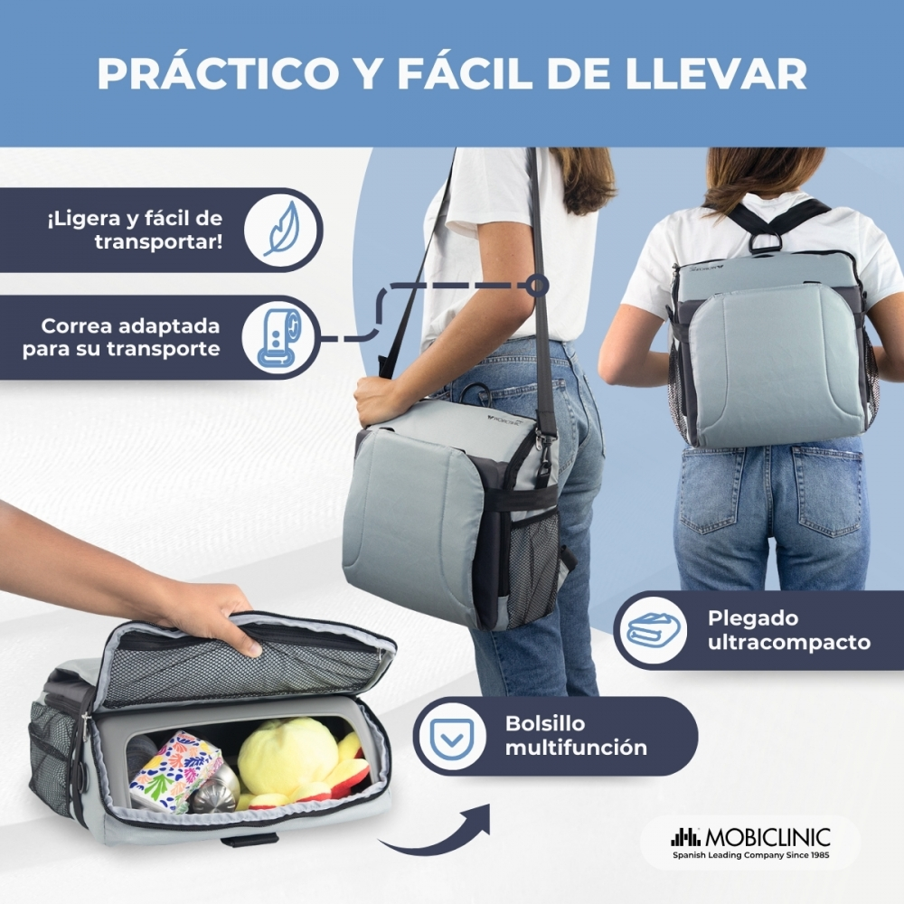 Bolso gris se muestra como mochila y abierto, revelando contenido.