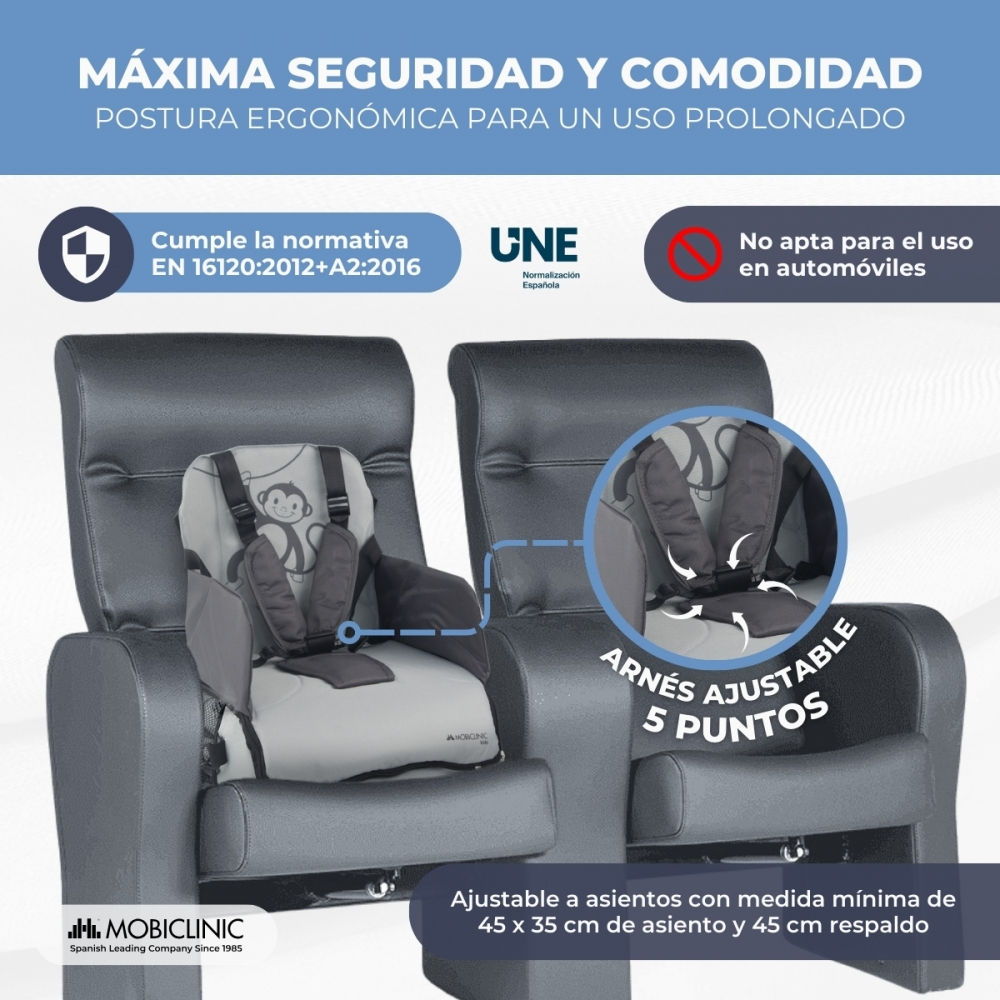 Sillón gris con asiento infantil. Texto "Máx. Seguridad y Comodidad" arriba.