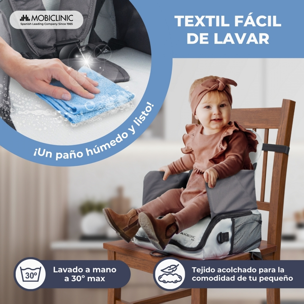 Bebé en trona, con texto sobre tejido fácil de lavar y lavado a mano a 30°.