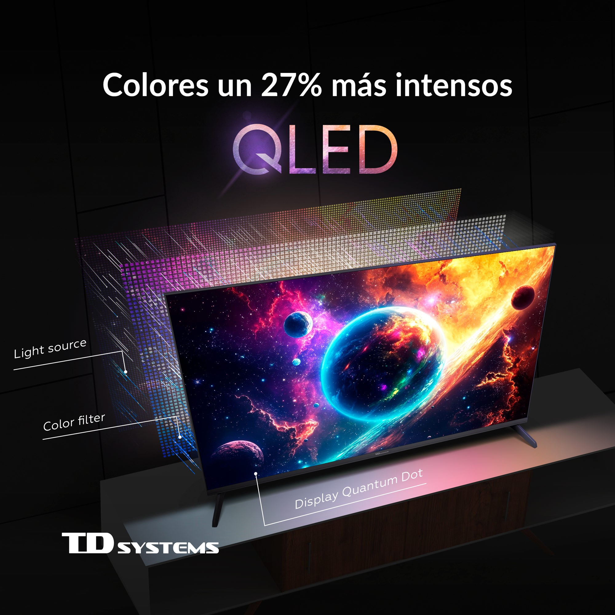 TV QLED con escena espacial, mostrando fuente de luz y filtro de color.