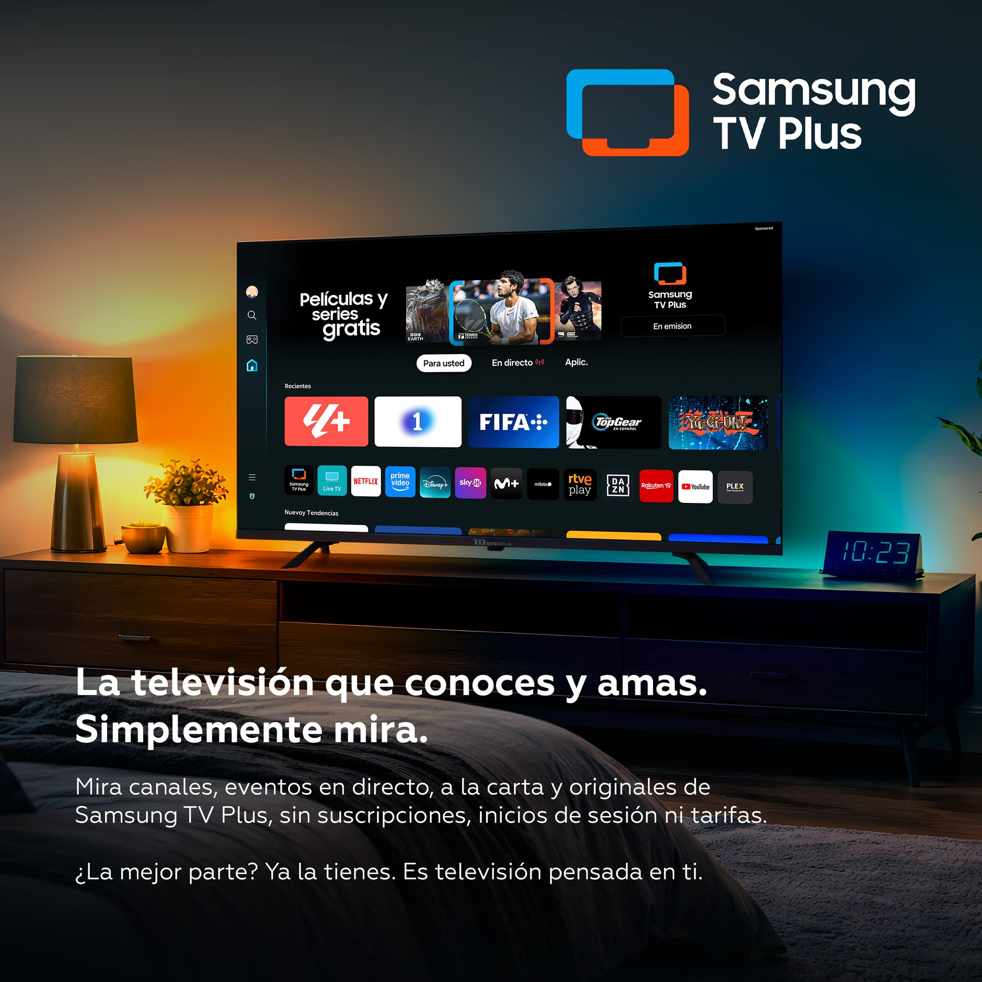 Interfaz de Samsung TV Plus con iconos de apps, títulos de películas y tenista.