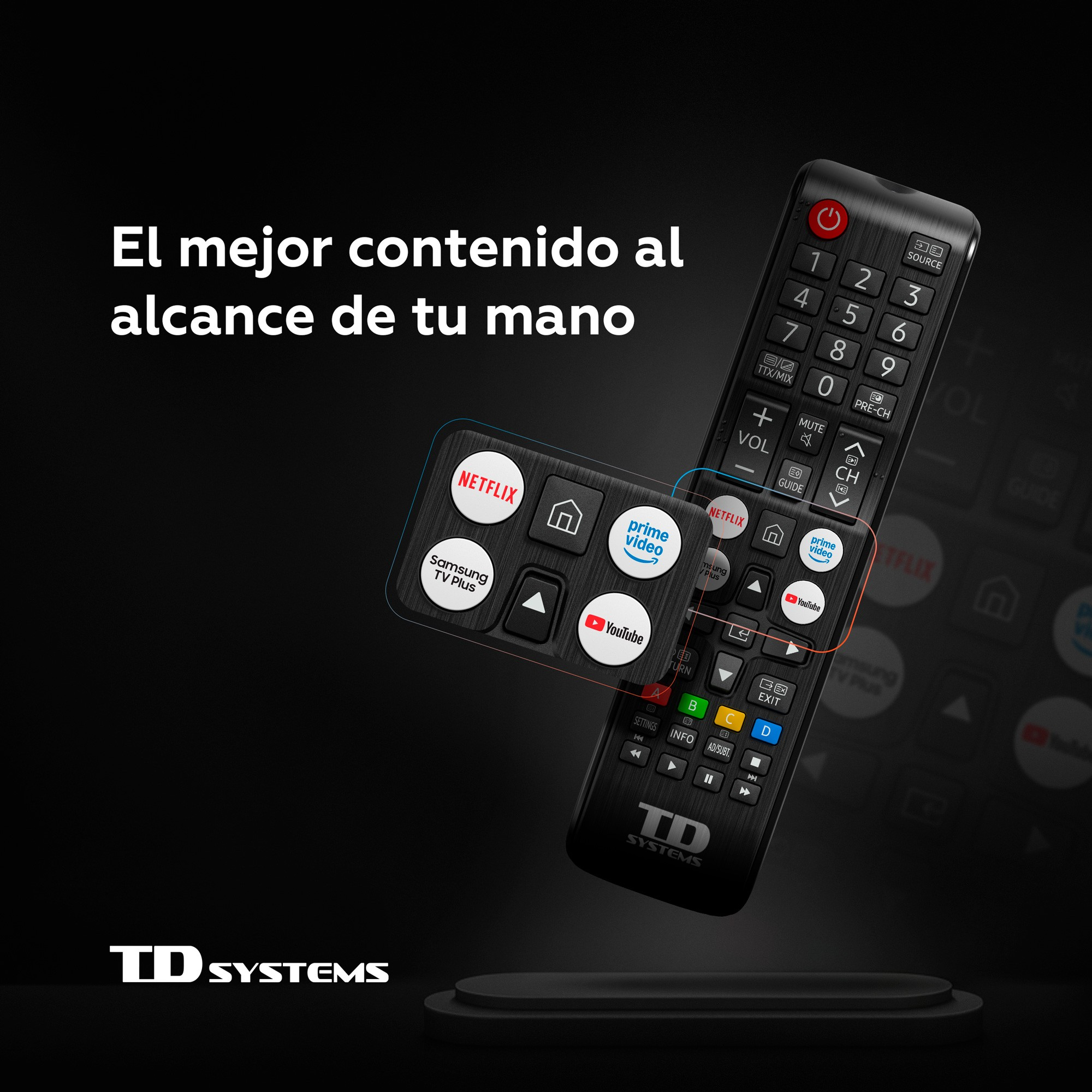 Control remoto negro con botones de Netflix, Prime Video y YouTube sobre fondo oscuro.