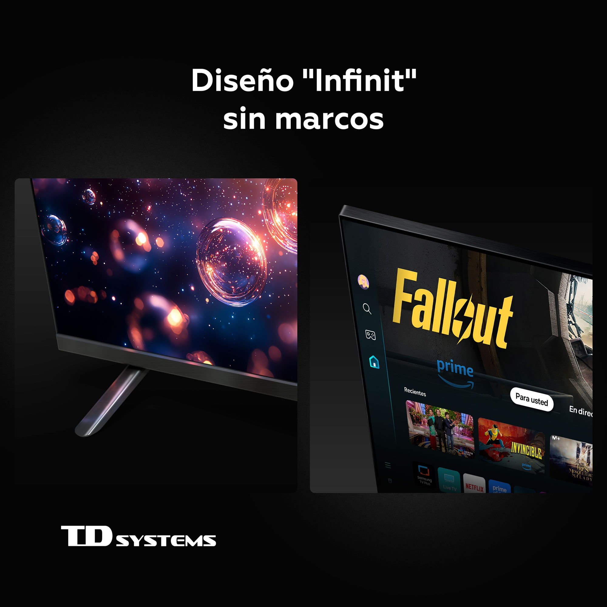 Dos televisores uno al lado del otro; uno muestra burbujas, el otro Fallout Prime Video.