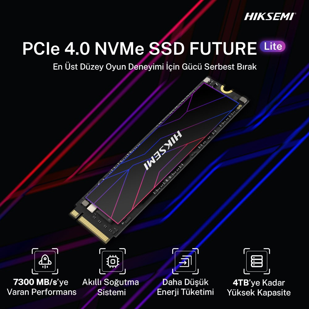 Mavi ve kırmızı çizgili HIKSEMI PCIe 4.0 NVMe SSD FUTURE Lite.