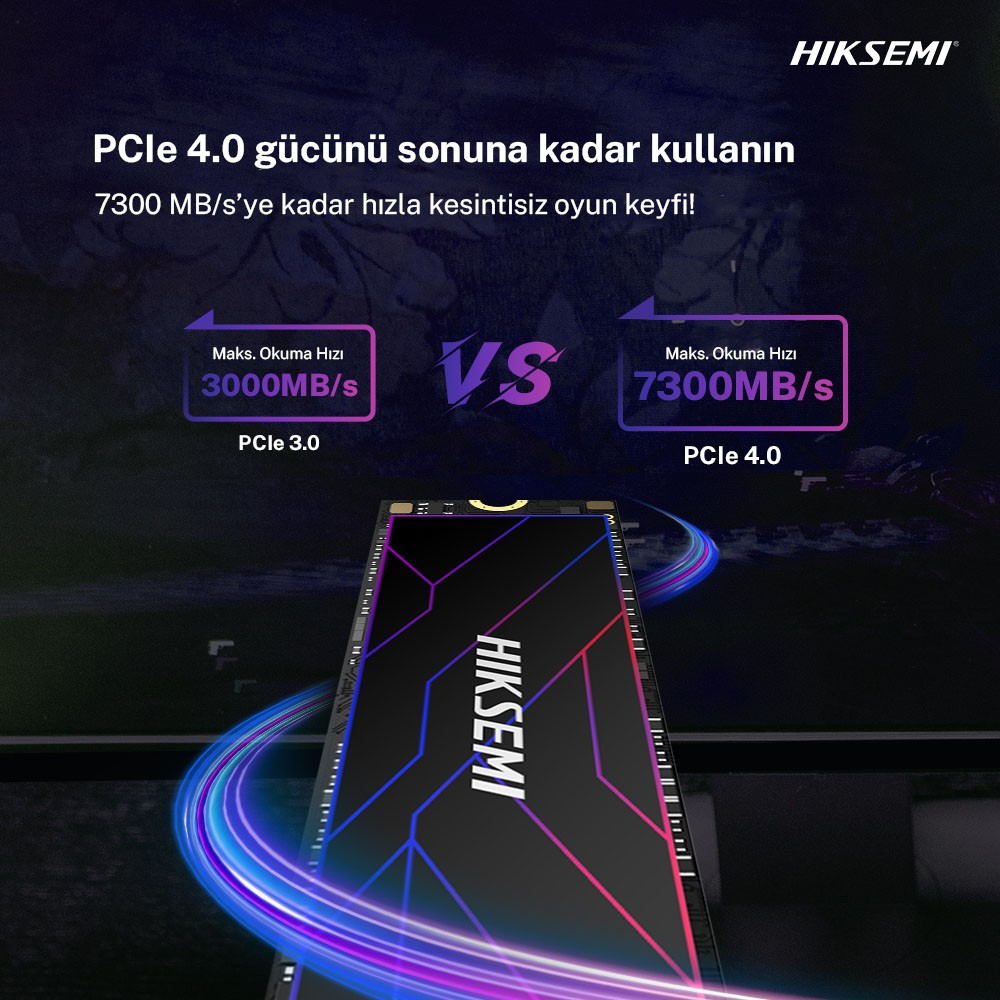 Hiksemi SSD: PCIe 4.0 7300 MB/s'ye karşı PCIe 3.0 3000 MB/s.