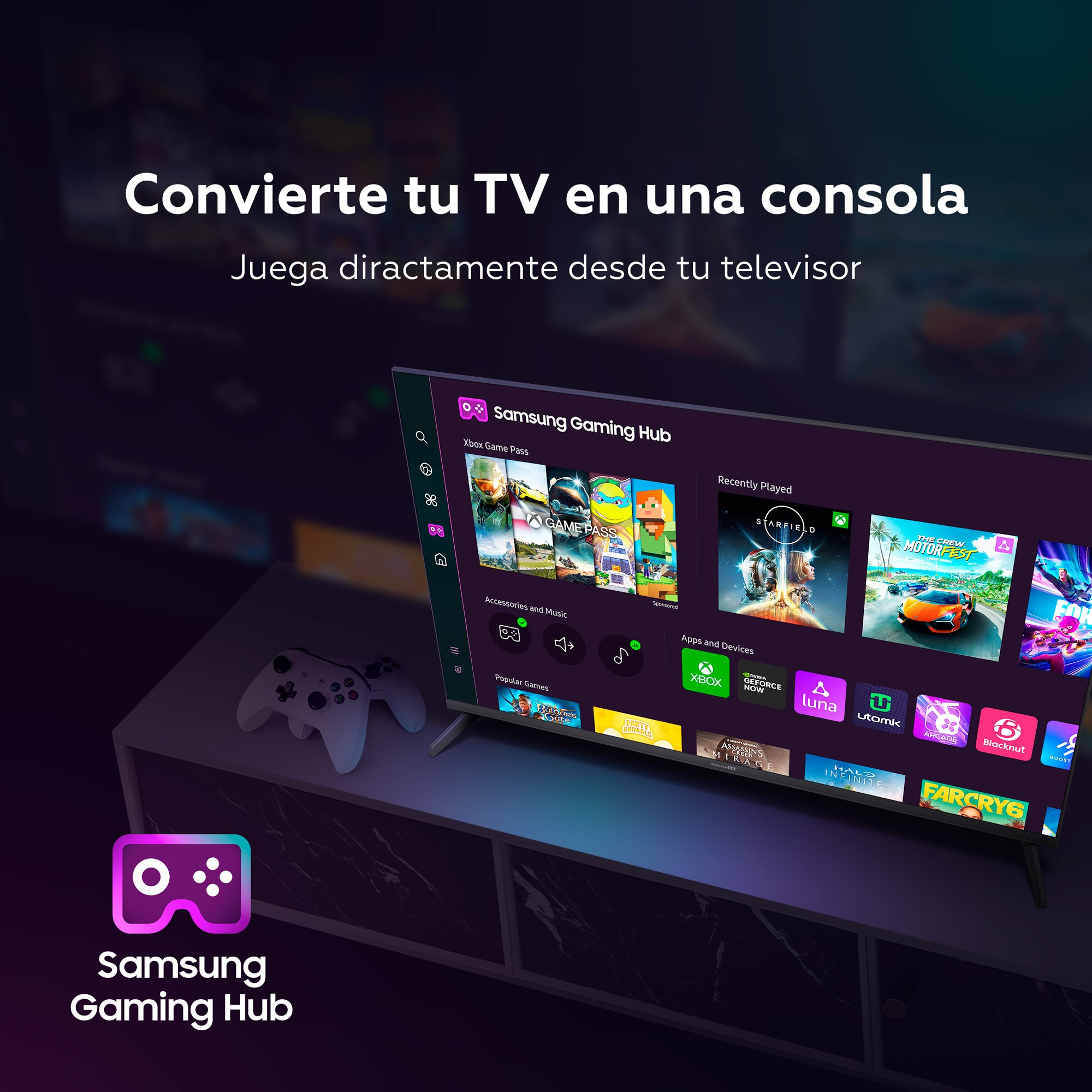 Un televisor muestra Samsung Gaming Hub con juegos. Dos mandos blancos están al lado.