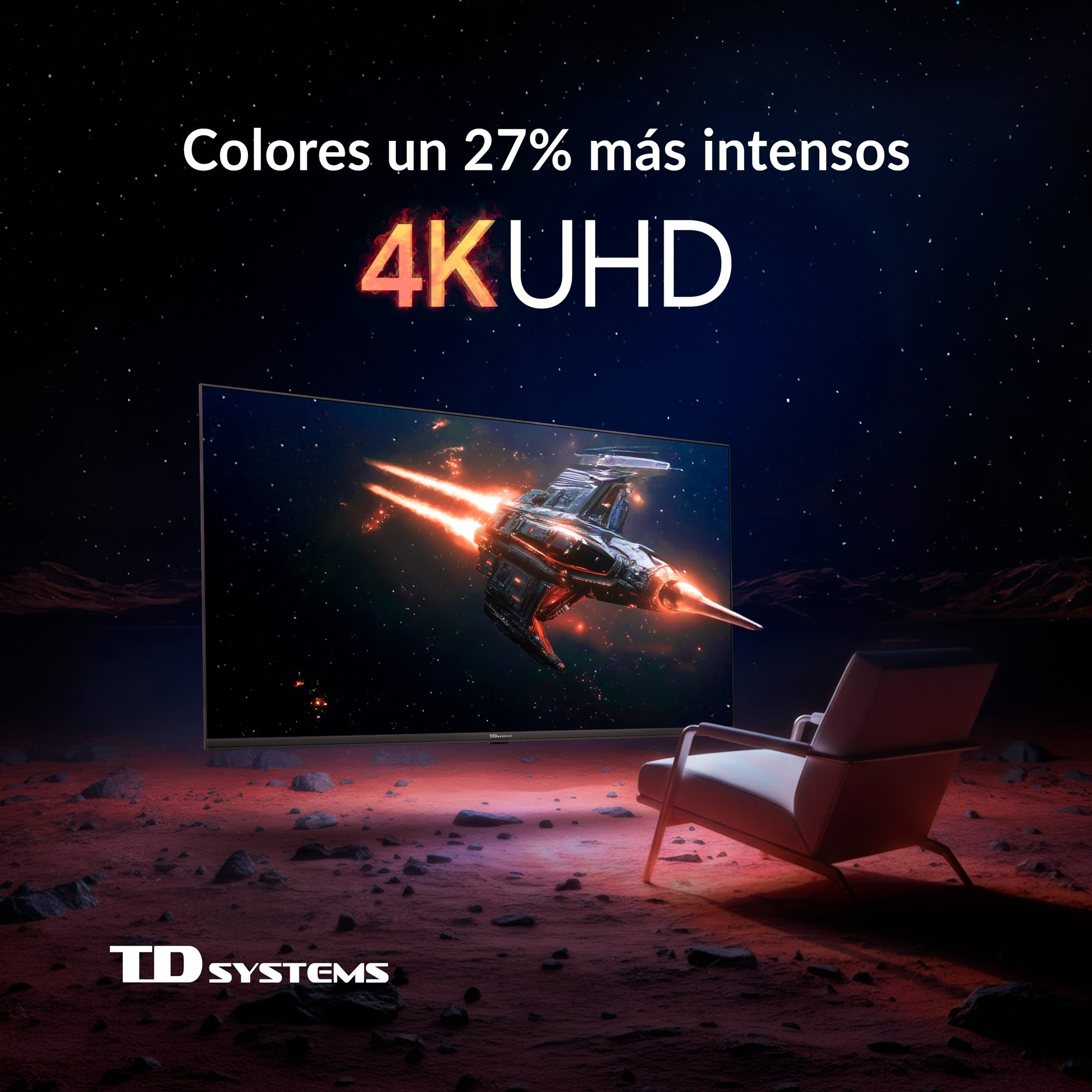Un televisor muestra una nave espacial con llamas sobre un cielo estrellado.