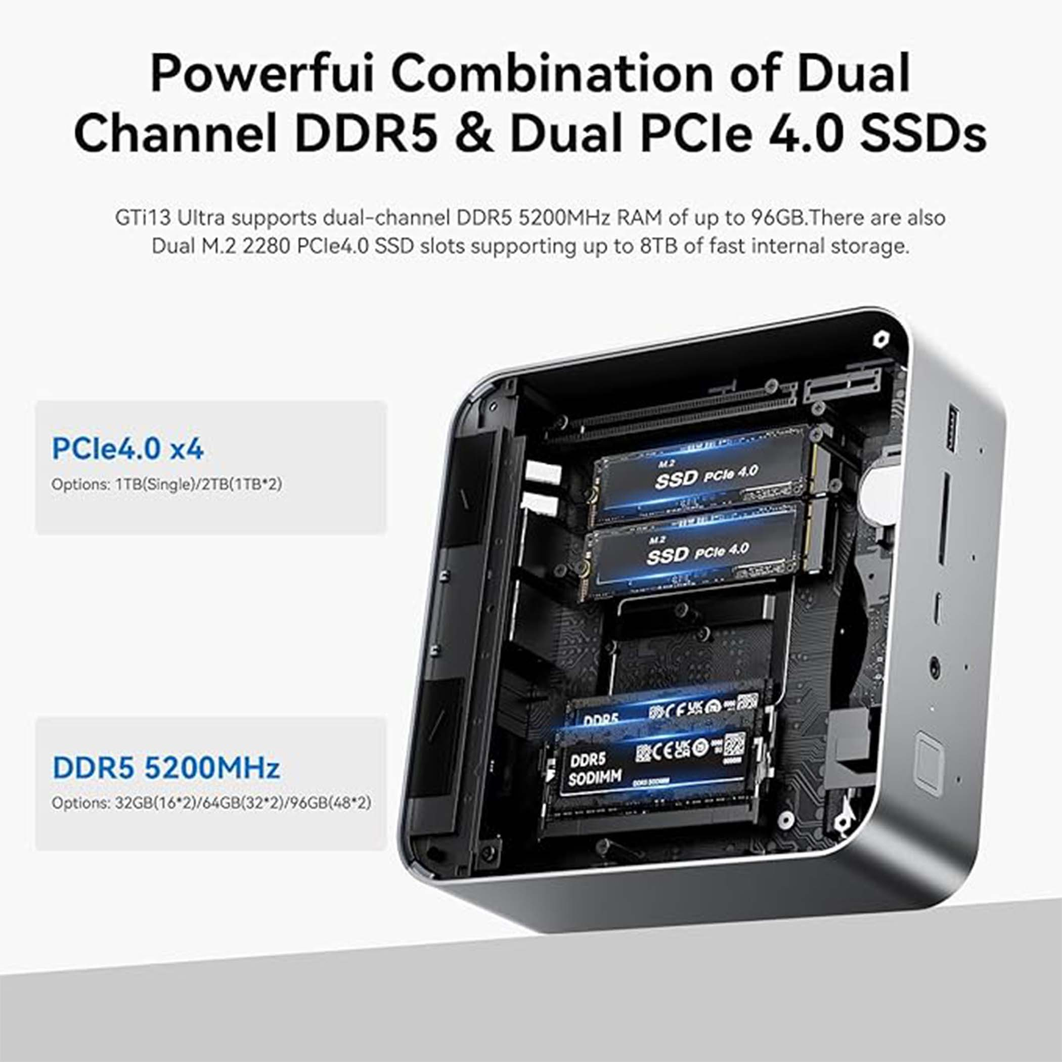 Widok wnętrza komputera z dwoma dyskami SSD i dwoma modułami RAM DDR5.