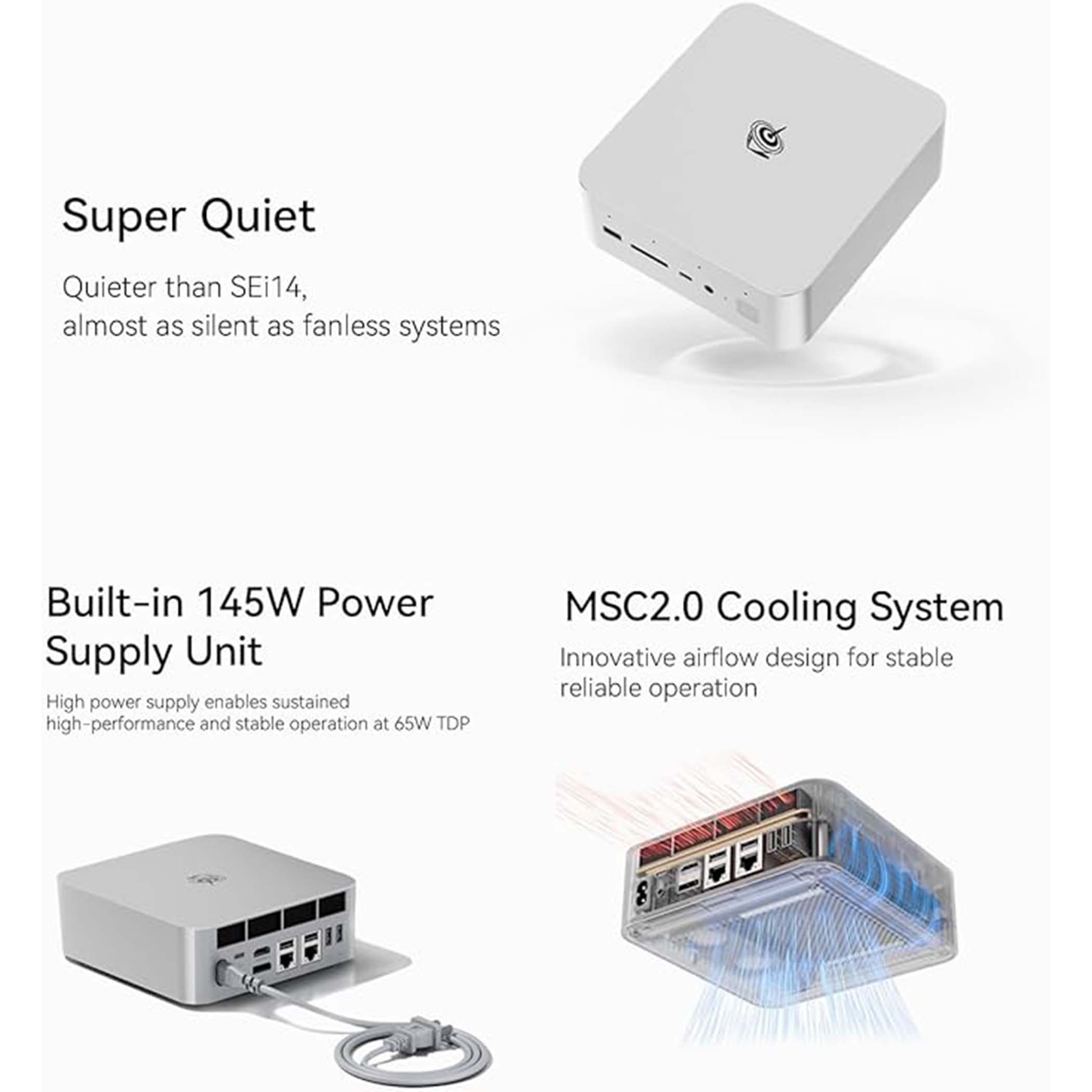 Biały mini PC z zasilaczem i systemem chłodzenia.