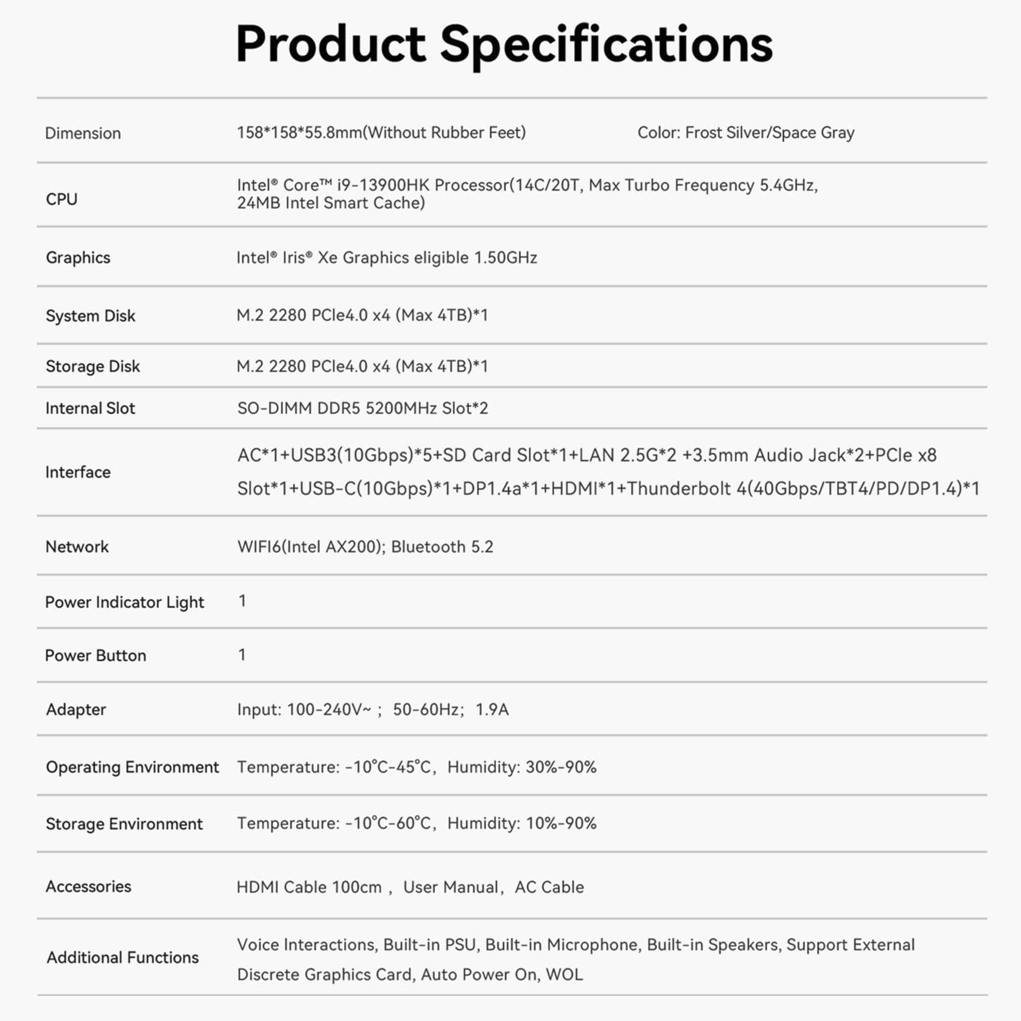 Specyfikacje produktu zawierające wymiary, procesor, grafikę, pamięć, interfejsy, sieć i inne.