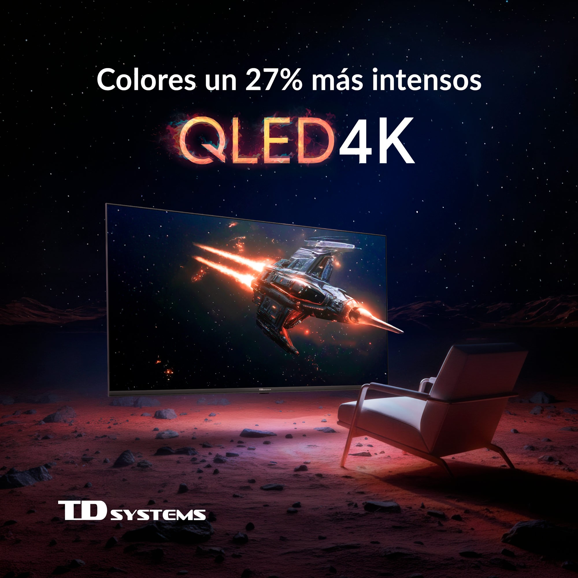 Un sillón futurista en una superficie lunar roja frente a un televisor QLED 4K.
