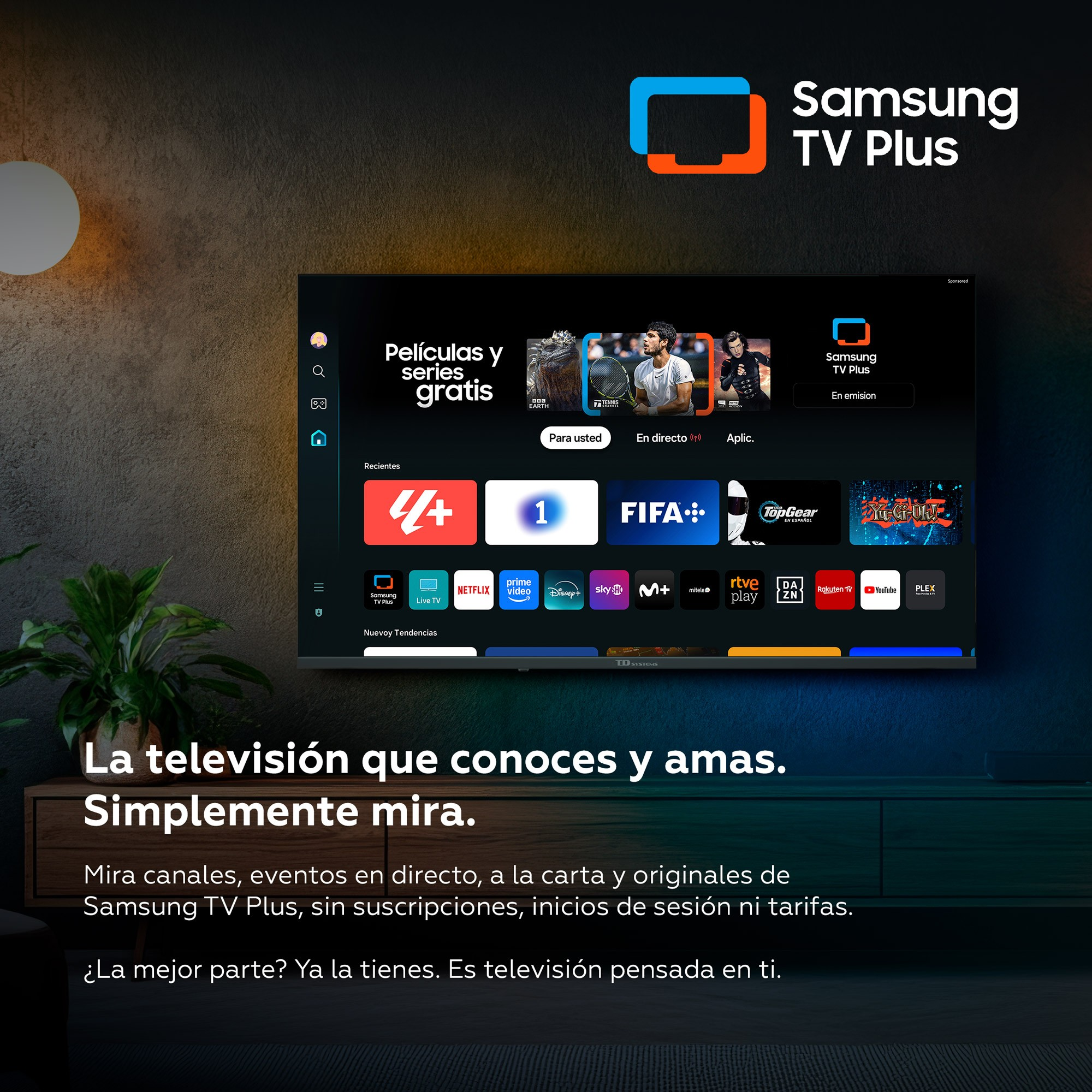 Pantalla de inicio de Samsung TV Plus con apps como Netflix, Prime Video y Disney+. Películas gratis.